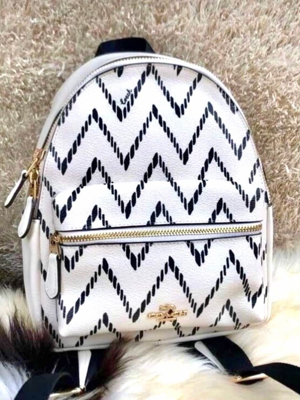 Coach Charlie White & Black Chevron Pattern Mini Backpack with Gold Hardware
